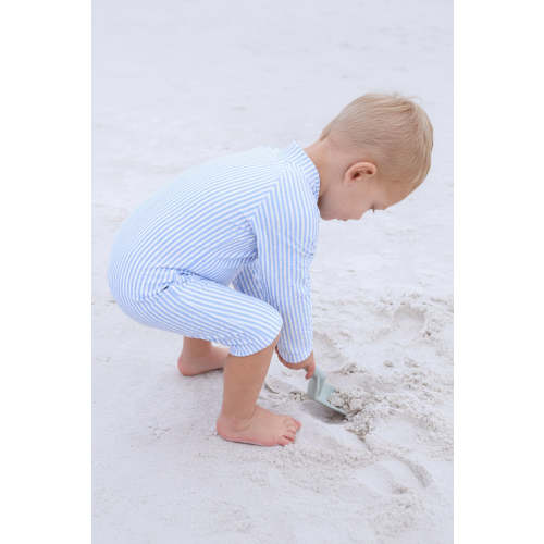 Long Sleeve Rash Guard Swim Romper Shortie | Seersucker Blue