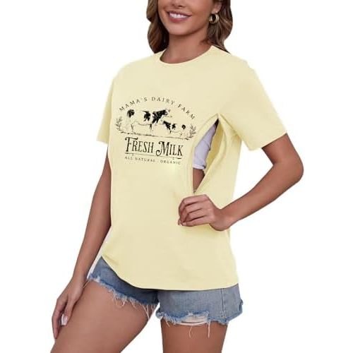 Women's Nursing Shirts for Breastfeeding Zipper Short Sleeves Mama Shirt Causal Maternity Nursing Graphic Tees Tops