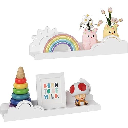 Cloud Shelves for Nursery Set of 2, Day & Night Wavy Floating Shelf, Cute Wall Shelves for Nursery Decor, Cloud Shelf for Kid’s Room, Aesthetic Room Decor, White