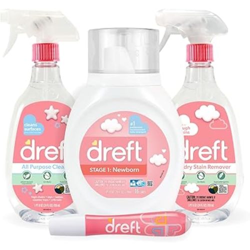 Baby Gifts Set by Dreft, Baby and Mom Gift Set with Liquid Laundry Detergent, Laundry Stain Remover, Stain Remover Pen & All Purpose Cleaner Spray, Great for Baby Showers