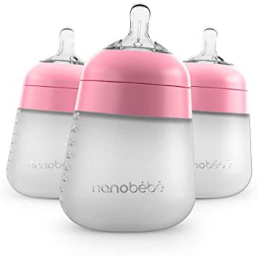 Nanobébé Flexy Silicone Baby Bottle, Anti-Colic, Natural Feel, Non-Collapsing Nipple, Non-Tip Stable Base, Easy to Clean, 3-Pack, Pink, 9oz