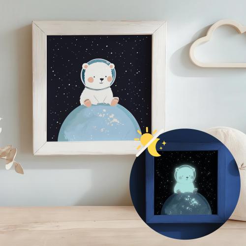 Bear Poster Space Nursery Astronaut Print, Glow in the Dark Wall Art for Kids, Cute Animals Cosmic Theme Decor for Toddlers Bedrooms