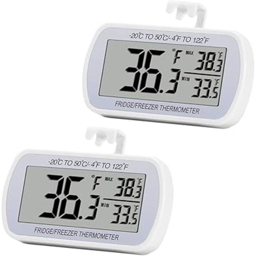 Digital Refrigerator Thermometer 2 Pack Fridge Freezer Room Thermometer Waterproof Large LCD Display Max/Min Record Function, White