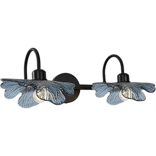 Bathroom Lights fixtures Matte Black Wall Sconce 2 Light Vanity Light Bathroom Wall Sconce Light Vintage Wall lamp Blue Glass Art Deco Vanity Lights Over Mirror for Bedroom Hallway Living Room