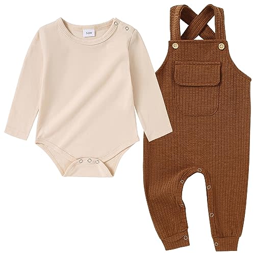 CARETOO Newborn Baby Boy Clothes Infant Boy Romper Fall Winter Outfits Bodysuit 2Pcs Striped Long Sleeve Top Overalls 0-18M