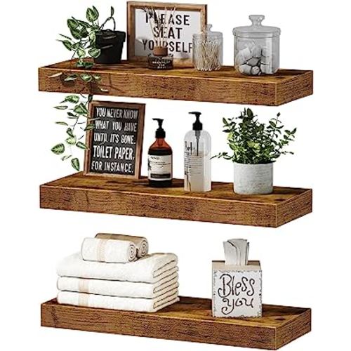 QEEIG Floating Shelves Bathroom Shelf Bedroom Kitchen Farmhouse Small Book Shelf for Wall 16 inch Set of 3, Rustic Brown (015-BN3)