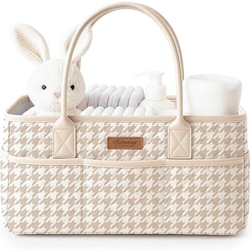 Konssy Quilted Diaper Caddy Organizer, Diaper Caddy Basket with PU Leather Handles, Water-Repellent Nursery Storage Basket, Portable Car Organizer, Registry Search Must Haves (Apricot Hound)