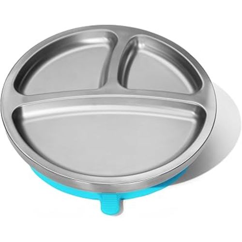 Avanchy Baby Plates with Suction – Stainless Steel Divided Plates for Toddlers, BPA-Free, Dishwasher Safe, Unbreakable, Non-Toxic, 100% Silicone Suction – Blue