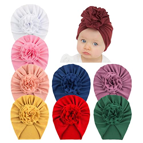 inSowni 8 Pack Solid Nursery Hospital Turban Hat Cap Beanie Bonnet with Flower for Baby Girls Toddlers Newborns Infants