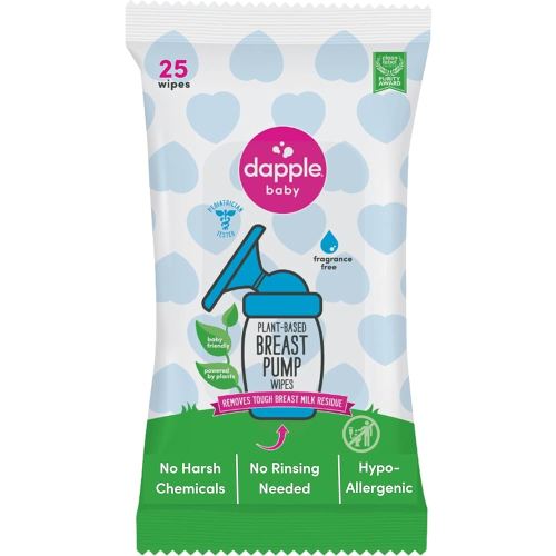 Breast Pump Wipes by Dapple Baby, Hypoallergenic & Powered by Plants, Removes Milk Residue, Leaves No Taste, Convenient Wipes Pouch, Fragrance Free, 25 Count (Pack of 1)