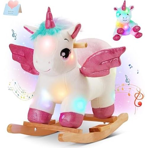 Glow Guards Light Up Musical Unicorn Baby Rocking Horse Set of 2 with Safety Belt White Unicorn Rocker Baby Rocking Chair Ride on Unicorn for Toddlers 1-3