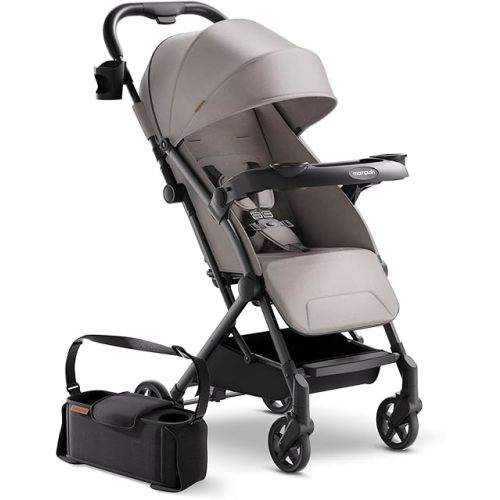 Mompush Lithe V2 Lightweight Stroller with Snack Tray & Organizer, Ultra-Compact Fold & Airplane Ready Travel Stroller, Near Flat Recline Seat, Cup Holder, Raincover & Travelbag Included