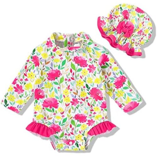Infant Baby Girl Swimsuit One-Piece Long Sleeve Rash Guard with Hat Set Floral Zipper Bathing Suit Leopard Beach Wear