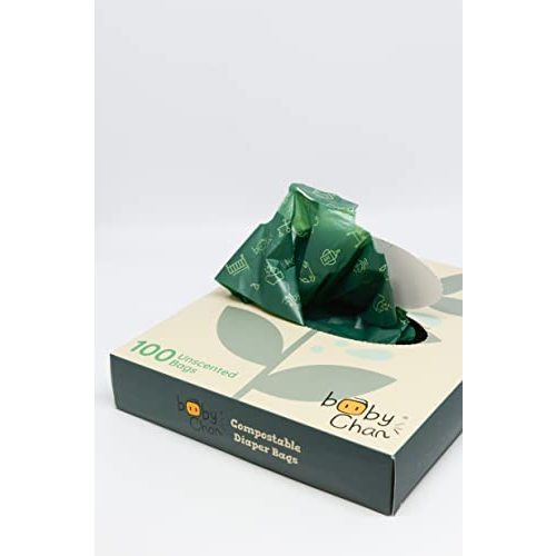 Baby Chan Compostable Disposable Diaper Sacks, 100 pcs, Unscented, Easy-to-Tie Handles, Convenient Diaper Disposal or Waste Bags at Home or While Traveling