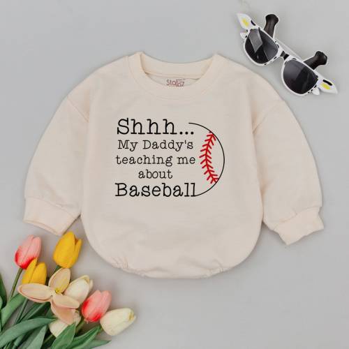 Shhh.. My Daddy&#39;s Teaching Me About Baseball Baby Romper, Pregnancy Announcement, Minimalist Baby Clothes, Sports Baby Outfit, Baseball Gift