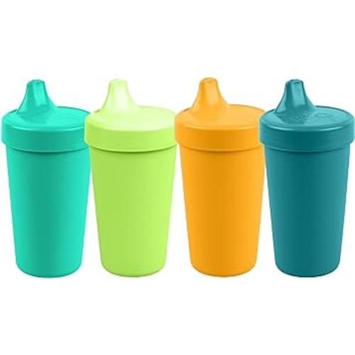 Re-Play Made in USA 10 Oz. Sippy Cups for Toddlers, Pack of 4 - Reusable Spill Proof Cups for Kids, Dishwasher/Microwave Safe - Hard Spout Sippy Cups for Toddlers 3.13" x 6.25", Aqua Asst.
