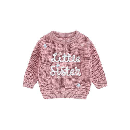 Qtinghua Toddler Baby Girl Long Sleeve Knit Sweater Little Sister Letter Embroidery Round Neck Pullover Fall Winter Tops