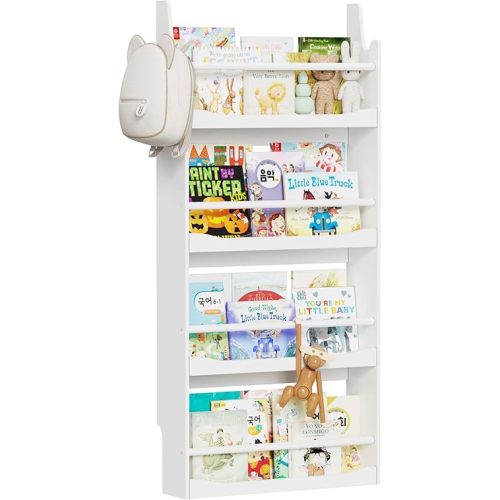 Lkeiyay Kids Bookshelf,4 Tier Wall Bookshelf for Kids,Toddler Book Display Shelves, Toy Storage Bookshelf in Bedroom,Nursery (White, 4 Shelves)