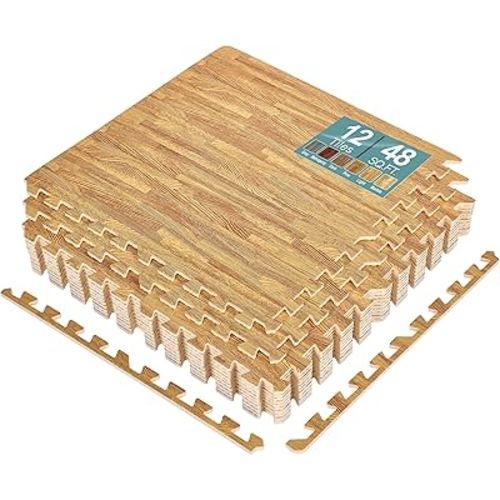 Sorbus 48Sq. Ft. Wood Grain Floor Tiles Foam Mat EVA Interlocking Mats Tile 3/8-Inch Thick Flooring Wood Puzzle Exercise Mats w/Borders - Home Playroom Basement, Apartment, Trade Show, Baby, Dance