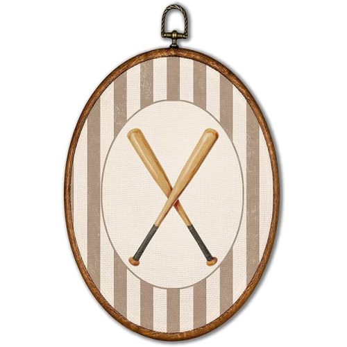 KSDUT Vintage Baseball Wall Art Decor - Retro Sports Beige Stripes Wall Art Canvas Frame Hanging Prints, Nursery Sports Gallery Oval Artwork Decor for Home Decorations 8.6"x11.4"