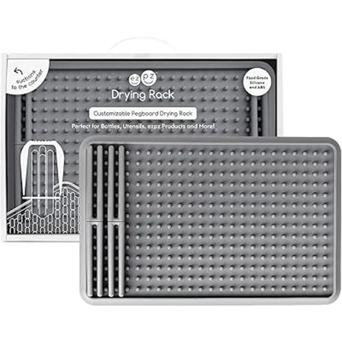 ezpz Drying Rack (Gray) - 100% Silicone Collapsible Dish Drying Rack + Suctions in Place + Adjustable Pegs - Dishwasher Safe - Durable Long-Lasting