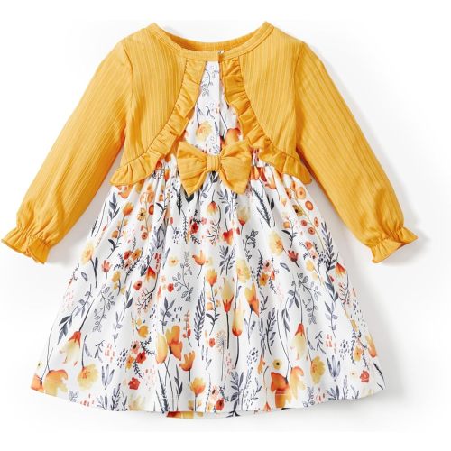 PATPAT Baby Girls Dress Ribbed Long Sleeve One Piece Faux Two-Piece Cardigan Floral Dress Set 3-24 Months