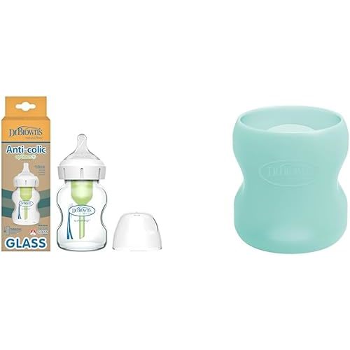 Dr. Brown's Natural Flow Anti-Colic Options+ Wide-Neck Glass Baby Bottle 5 oz/150 mL & Natural Flow Options+ Glass Baby Bottle Sleeves,100% Silicone,5 oz,Wide-Neck,Mint