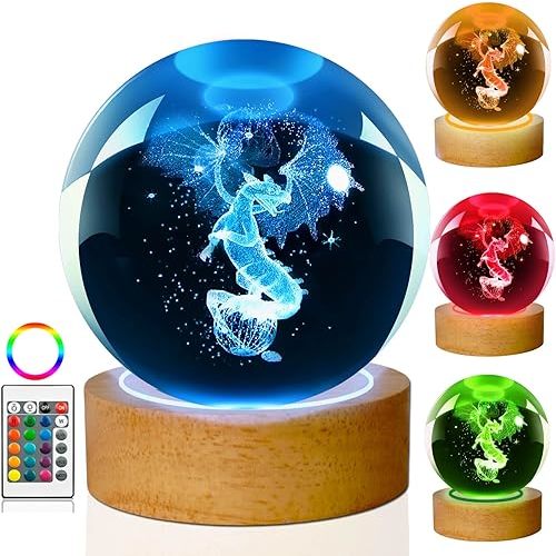 Dragon Lamp, 80mm 16 Colors Crystal Ball Night Light with Wooden Base and Remote Control, Birthday Gift and Dragon Gifts for Women Men Kids (Dragon)