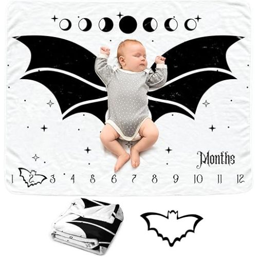 Gothic Bat Baby Monthly Blanket for Boys, Soft Flannel Photography Background Prop, Halloween Personalized Shower Gift