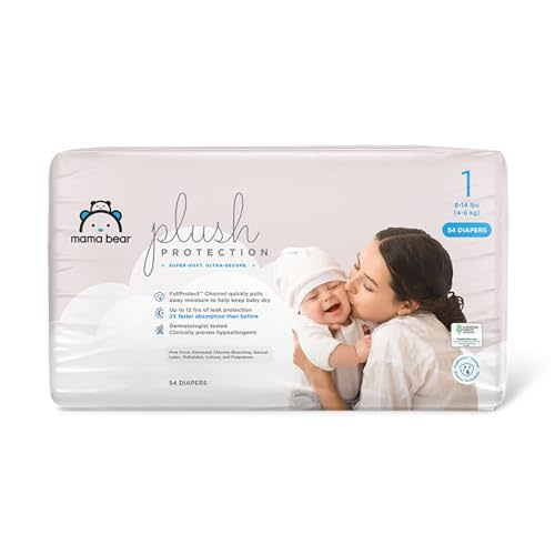 Amazon Brand - Mama Bear Plush Protection Diapers - Size 1, 54 Count, Hypoallergenic Premium Disposable Baby Diapers