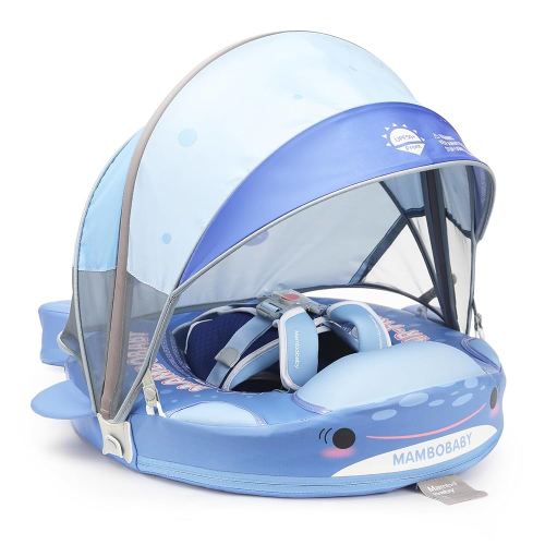 Mambobaby Baby Float with Canopy & Tail Non-Inflatable Baby Swim Float Upgrade Soft Infant Pool Float Sun Protection Newborn Pool Float 3-24 Months Skin-Friendly Material for Toddler Boys Girls