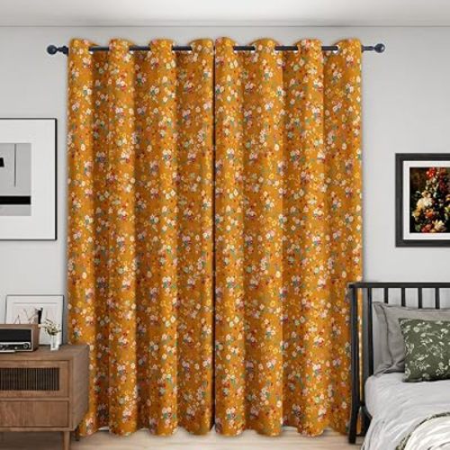 Orange Floral Curtains Blackout - Country Flower Curtains 96 Inches Long, Orange Floral Window Curtain for Bedroom, Living Room, Thermal Insulated Grommet Drapes, 2 Panels Set -S324