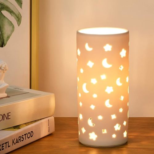 Lampwell Dana White Small Table Lamp for Living Room as Bedside Table Lamp for Bedroom,Modern Ceramic Table Lamp,Kids Table Lamp,Night Table Lamp,Φ3.54×H7.87IN,Bulb Excluded,Carving Moon - White Moon