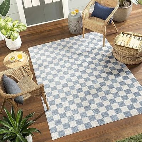 Mark&Day Washable Rugs, 6x9 Shaquina Modern Pale Blue Checkered Rug, Blue Ivory Carpet for Living Room, Bedroom or Kitchen (6'7" x 9', Machine Washable)