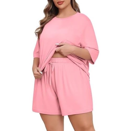 Lastshe Womens Plus Size Pajama Set 2 Piece Soft Short Sleeve with Pockets Summer Shorts Sleepwear Knit Pjs Lounge Set