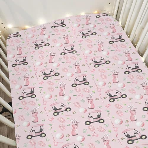 Golf Baby Crib Sheets for Boy Girl 28"x52" Sports Golfing Soft Stretchy Fitted Crib Mattress Cover Golf Lovers Gift Nursery Baby Sheet for Standard Crib and Toddler Bed Mattress Pink