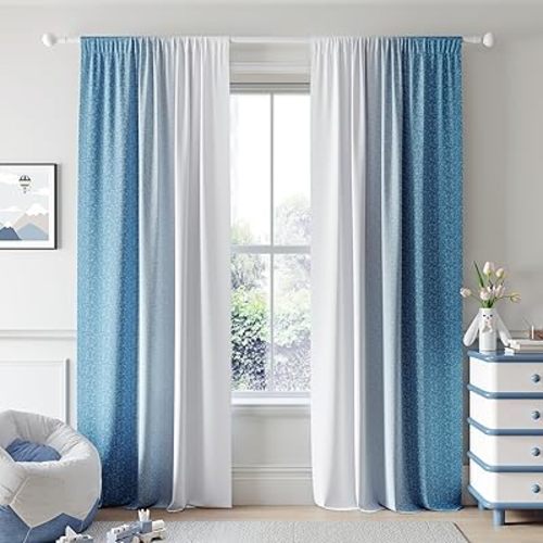 Ombre 100% Blackout Curtains 108 Inches Long 2 Panels for Bedroom Sliding Glass Doors Blue White Gradient Patterned Light Blocking Thermal Insulated Rod Pocket Window Treatment Drapes