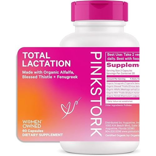 Pink Stork Total Lactation Supplement for Breast Milk Supply, Organic Fenugreek and Alfalfa to Support Breastfeeding, Milk Flow, and Production, Postpartum Essentials - 60 Capsules