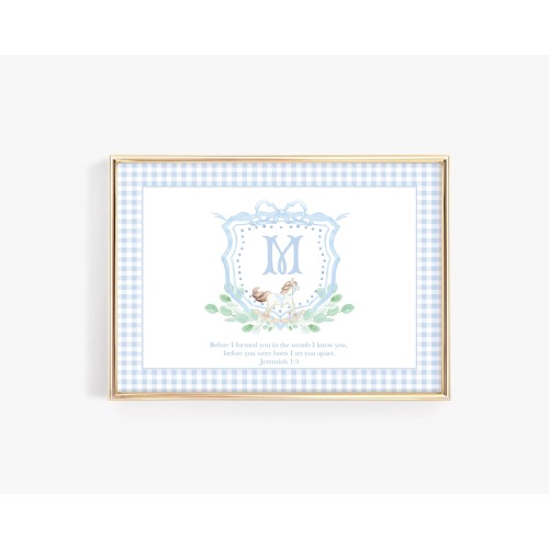 Nursery Crest Wall Art – Blue Gingham Print with Rocking Horse Monogram and Optional Scripture for Baby Boy Shower Keepsake Gift