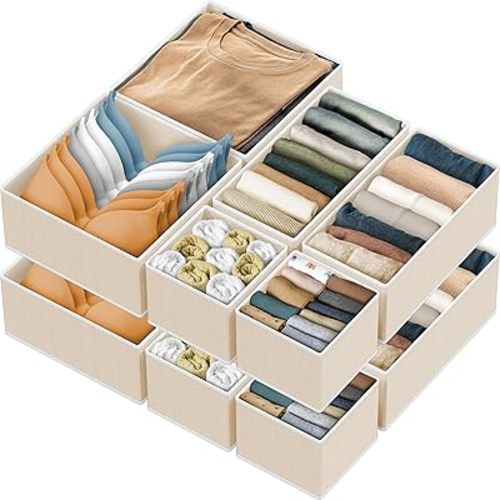 Simple Houseware Foldable Cloth Storage Box Closet Dresser Drawer Divider Organizer Basket Bins for Underwear Bras, Beige (Set of 12)