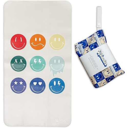 Vegan Leather Changing Mat with Reusable Waterproof Wet Bag - Non-Toxic, Portable Diaper Pad That Folds and Wipes Clean (16 x 30 Inches) (Smiley Face)
