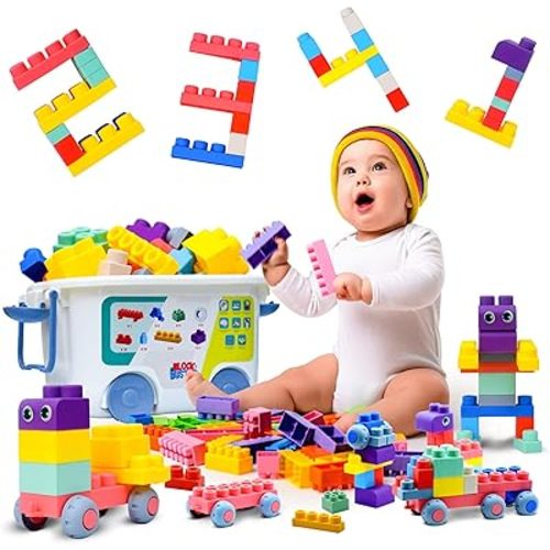 TOP Grade 50 PC Colorful Creative Building Blocks for Toddlers 1-3 - Kids Preschool Toys with Storage Box - Soft Plastic Learning Toys - STEM Blocks for Boys & Girls