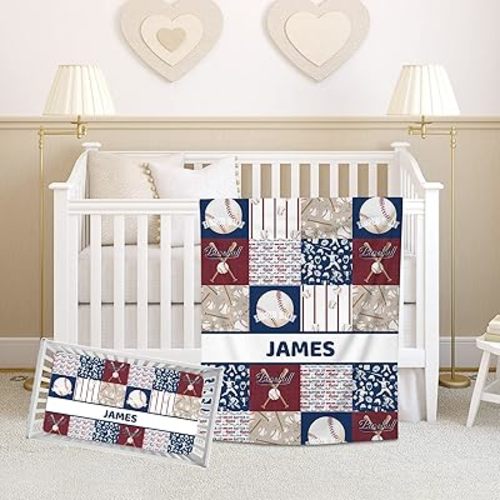 Personalized Baby Crib Bedding Sets for Baby Boys, Custom Crib Bedding Set with Name, Nursery Bedding, 2 Piece Crib Bedding Sets, Name Crib Comforter, Crib Fitted Sheets for Babies (Baseball)