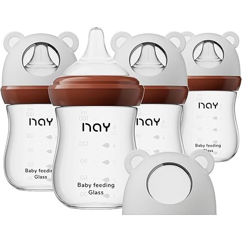 Natural Glass Baby Bottle for Breastfeeding Babies, 5.4oz Anti-Colic Baby Bottle with Natural Response Nipple(S), Clear, Wide Neck, 4 Pack, 1 Months+