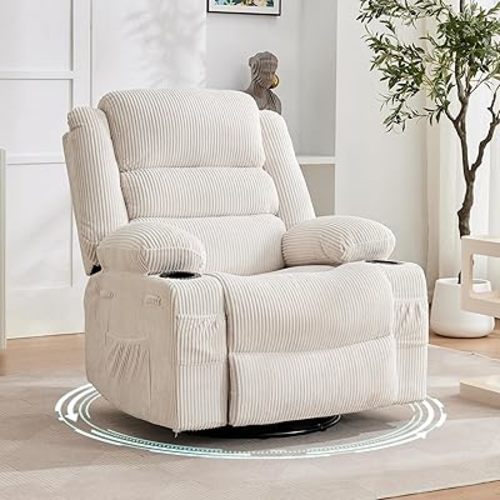 Rocking Recliner Chair for Adults Wide 360° Swivel Rocker Recliner with Cup Holder Nursery Glider with Upholstered Deep Seat Corduroy Lazy boy Chair for Living Room Beige
