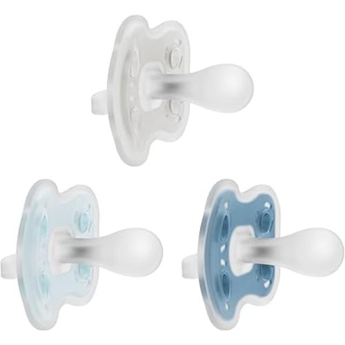 Dr. Brown's Advantage One-Piece Silicone Baby Pacifier, Fully Symmetrical Soother, Blue/Light Blue/Gray, 0-6m, BPA Free, 3 Pack
