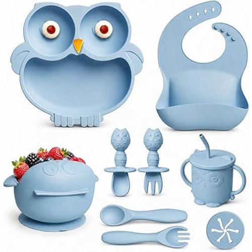 Silicone Baby Feeding Set with Spoon, Bowls, Plates with Suction, Bib, and Toddler Sippy Cups with Replaceable Snack Lids, Blue