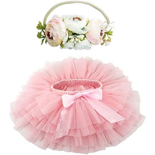 BGFKS Baby Girls Soft Fluffy Tutu Skirt with Diaper Cover,Toddler Girl Tutu Skirt Sets with Flower Headband.