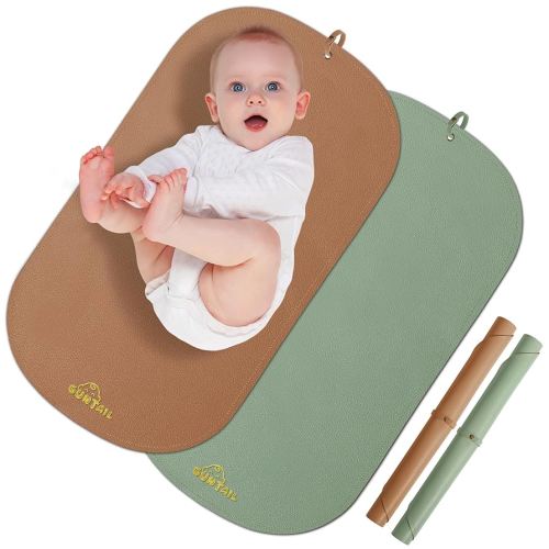 Portable Baby Diaper Changing Mat,Soft Faux Leather, Wipeable & Easy to Clean,for Home or Travel, Waterproof, with Storage Strap,Easily Put into Diaper Bag,30 x 17 in (Sage Green & Coffee)