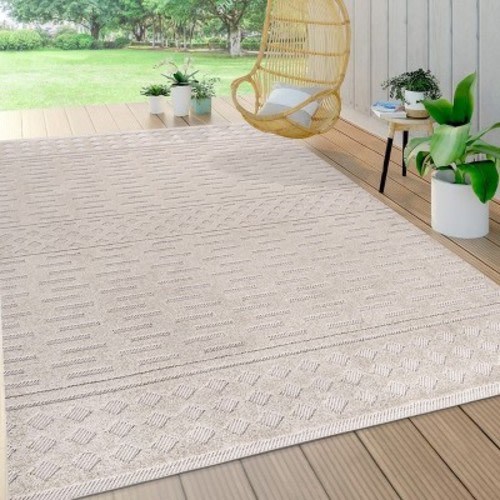Xlendi High-Low Pile Moroccan Geometric Indoor/Outdoor Area Rug - JONATHAN Y, Color: Beige, Size: 8 x 10